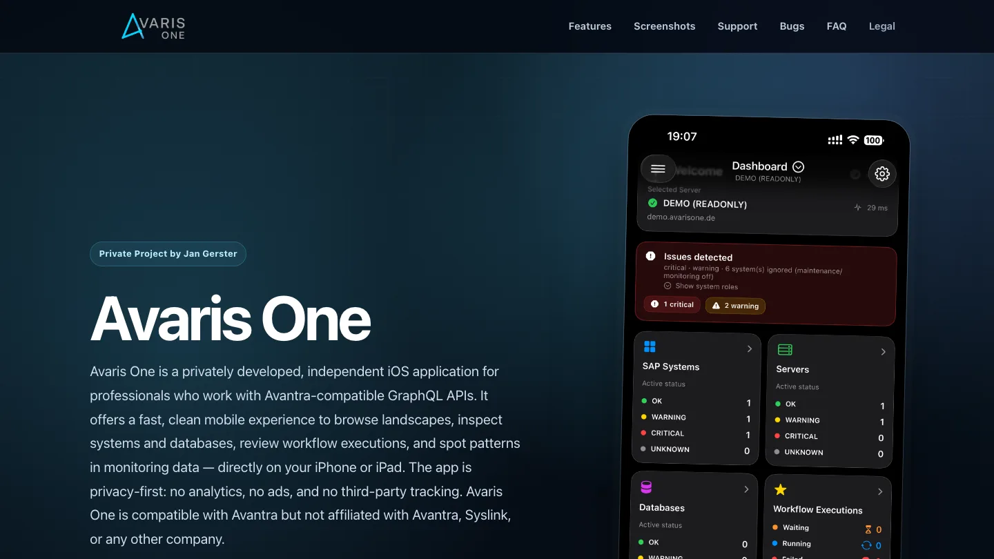 Avaris One App und Website